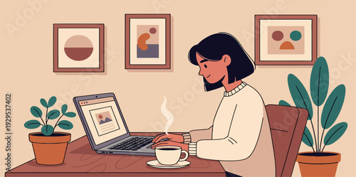 A clean, flat-style illustration of a man working on a laptop at a desk in a modern home office. The scene includes wall frames, indoor plants, and minimalist decor, representing productivity, remote 