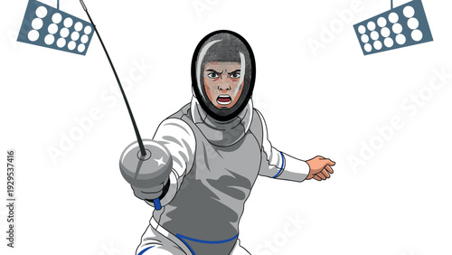 fencer woman in protective gear with sword in action hand drawn sport illustration
