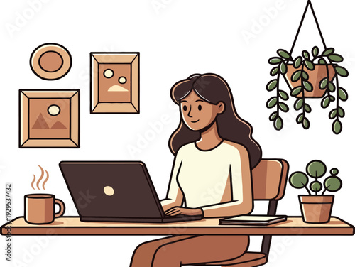 Vector illustration of woman working on laptop at desk with plants