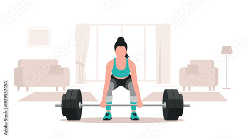 woman lifting heavy barbell weight in home gym minimalist vector illustration