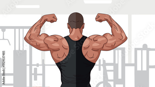 muscular man flexing back and arm muscles in gym cartoon style fitness illustration