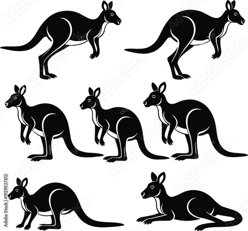 Kangaroo Silhouette Set in Black and White Isolated on White Background, Australian Wildlife Vector Illustration Collection in Various Poses for Safari and Nature Design