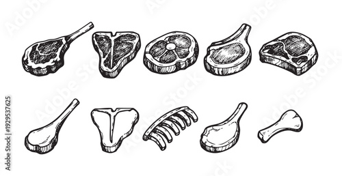Black and white illustration of different meat cuts, including steak, ribs, and chops, against a clean white backdrop; perfect for culinary, butcher, or food-related designs.