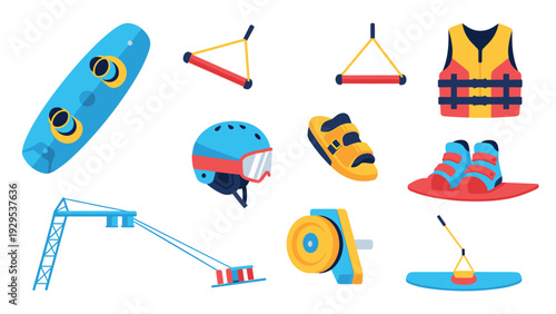 colorful water skiing equipment set flat icon collection including wakeboard helmet life vest handle and pulley