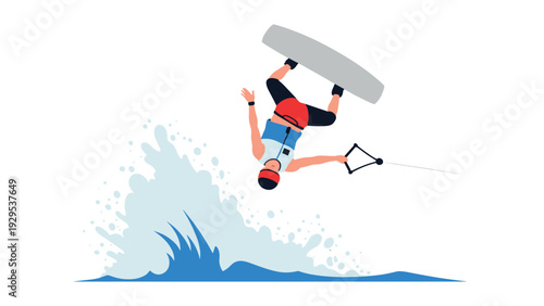 man wakeboarding performing a trick with splash in hand drawn flat style