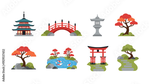 collection of hand drawn japanese garden elements and traditional structures flat vector illustration