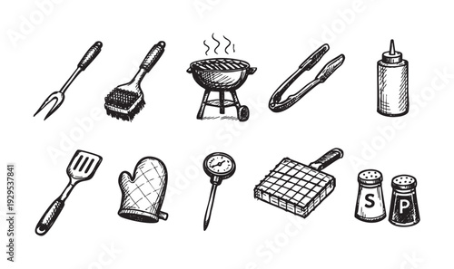 Black and white drawing showing an illustration of various BBQ grilling tools including a grill, fork, tongs, brush, and spices on a white background.