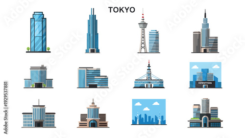 set of hand drawn tokyo city buildings landmark icons collection in flat design style for urban and travel illustration