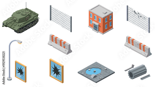 isometric military tank damaged fences building barriers broken windows pothole and demolished metal pipe set vector illustration
