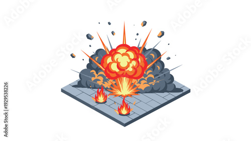 fire explosion with smoke debris and flames on pavement in hand drawn style