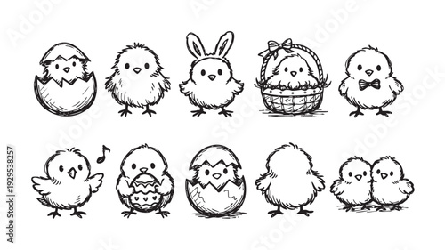 A collection of cute hand-drawn Easter chicks in various poses, rendered in black and white sketch style, perfect for festive greeting cards or decorations.