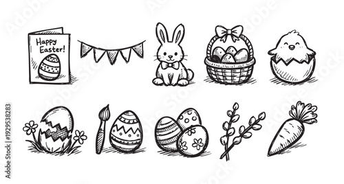 Black and white sketchy drawing collection includes a bunny, easter eggs, chick, easter basket, card and carrot, perfect for spring and easter holiday designs.