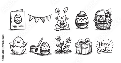 Hand-drawn Easter illustration featuring a bunny, decorated egg, chick in eggshell, basket, gift, flower, flags. Black ink sketch suitable for cards, invitations, decorations.