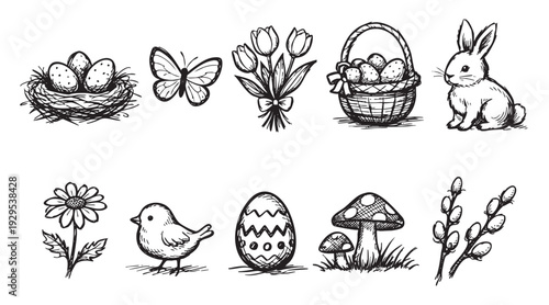 Hand drawn sketch style Easter elements, including eggs, bunny, basket, flowers and butterfly, isolated on a white background for festive design.