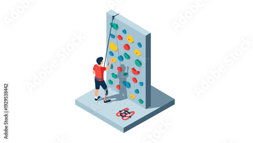 man with prosthetic leg climbing indoor rock wall isometric illustration
