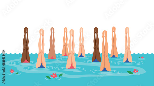 women doing synchronized swimming with raised legs in colorful swimsuits hand drawn illustration