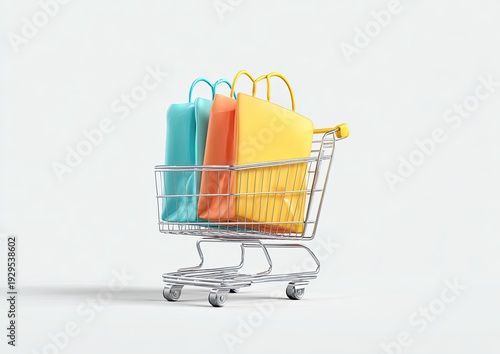Miniature shopping cart filled with colorful paper bags against a white background