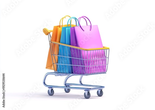 A vibrant shopping cart filled with colorful shopping bags against a clean white background