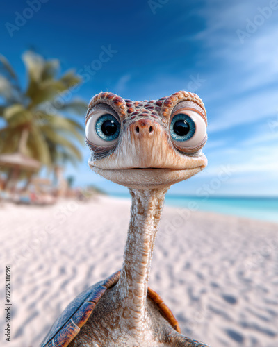 Adorable wide eyed turtle character on tropical beach, close up portrait with soft ocean blur, vibrant summer travel and vacation concept image.