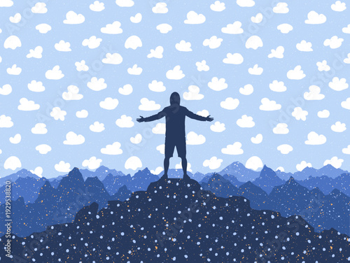 Solo climbing. Man with outstretched arms on top of mountain in clouds