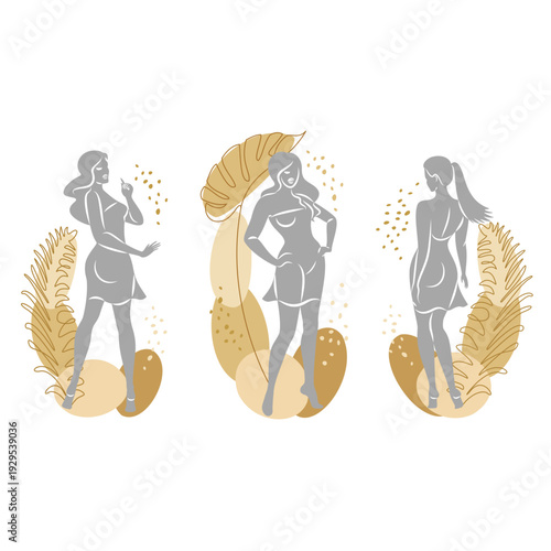 Collection. Silhouette of a cute lady and leaves of a plant. The girl is standing. The woman has a beautiful figure. She is young and slim. Vector illustration set.