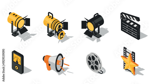 isometric movie production icons set with studio lights megaphone film reel clapperboard and star element