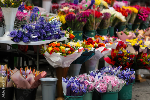 Details with flowers for sale in a street shop in Bucharest, Romania