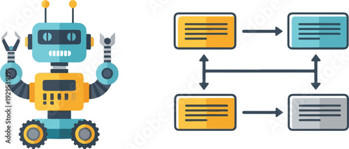 A colorful illustration of a robot with a wrench and spanner, demonstrating a robotics engineering workflow diagram with arrows and text boxes on a clean white background.