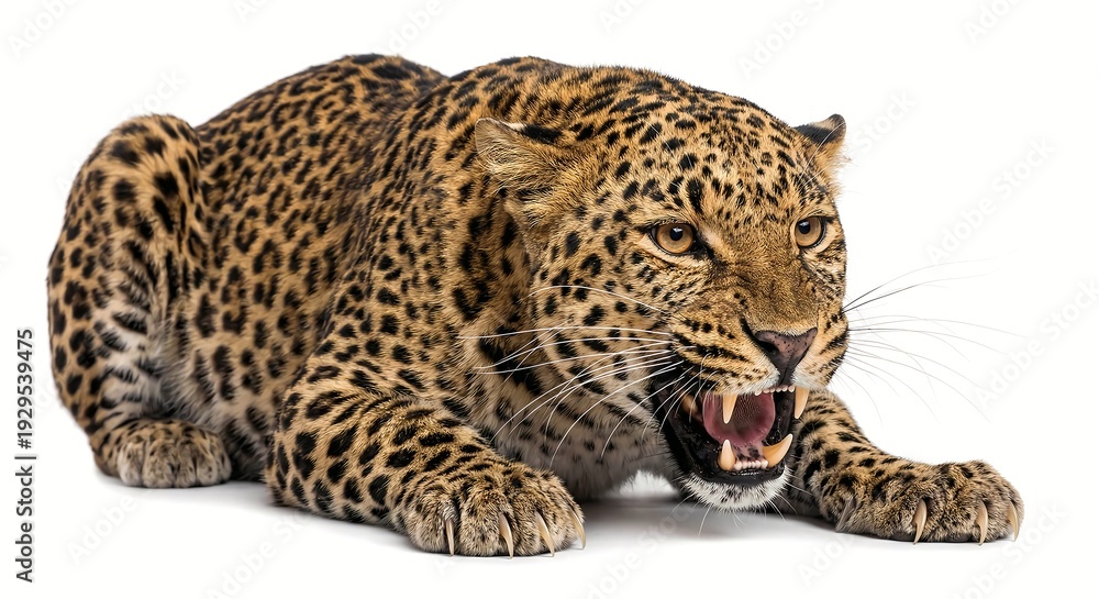 Fototapeta premium Majestic leopard with characteristic spotted fur captured in an aggressive crouch, snarling fiercely with its mouth open, revealing its formidable teeth.