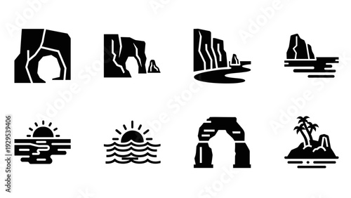 coastal rock formations and sunset silhouette icons set in minimalist black and white style for nature and travel design