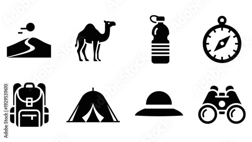 set of camping and desert adventure icons in black silhouette style