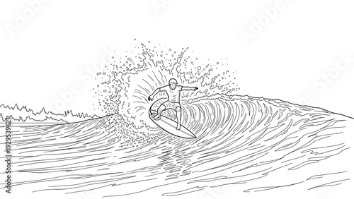 surfer catching a wave line art hand drawn illustration of a man surfing on ocean waves