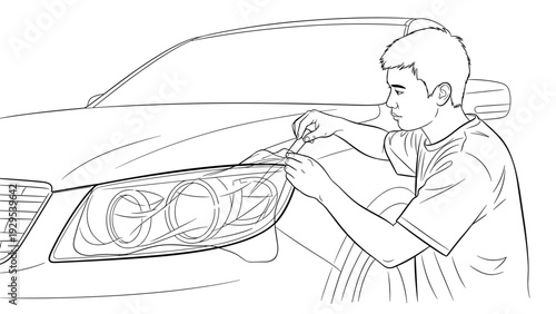 man applying protective film to car headlight hand drawn line art automotive maintenance illustration