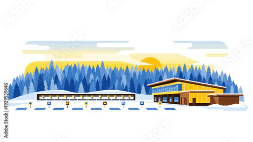 modern shooting range building with target lanes and forest background hand drawn vector illustration