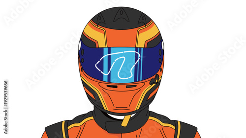 racing driver helmet and suit illustration with visor line art design in bright orange and black