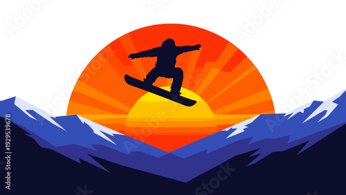 silhouette of snowboarder jumping over mountain peaks with bright sunset background flat vector illustration