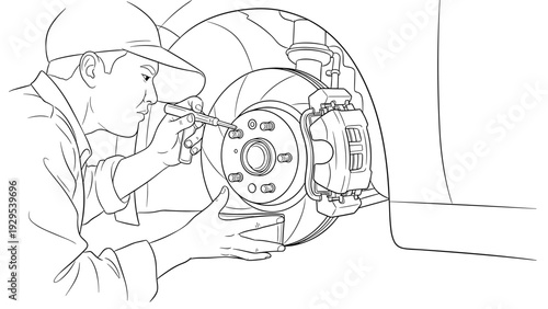 mechanic inspecting and repairing car brake disc hand drawn line art illustration for automotive repair and maintenance concept