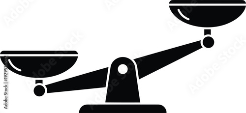 Black silhouette of a balance scale with uneven pans on a white background Keywords: balance, scale, weighing, justice, law