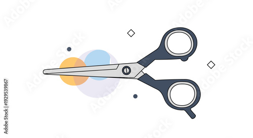Professional hairdressing scissors icon illustrated in a clean, flat style with colorful abstract circles in the background.