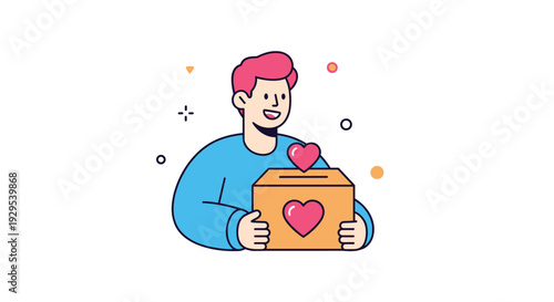 Young man with pink hair smiling while holding a donation box and placing a heart inside, representing charity and kindness.