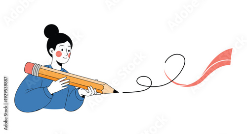Creative woman with her hair in a bun drawing a continuous flowing line with an oversized pencil in a minimalist illustration.