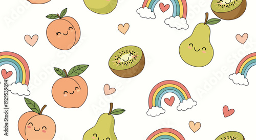 Seamless pattern background featuring adorable kawaii-style smiling fruits like peaches and pears alongside cute rainbows and hearts.