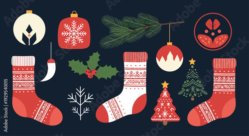 Festive collection of Christmas and winter holiday elements in a rustic, Scandinavian style, including stockings and ornaments.