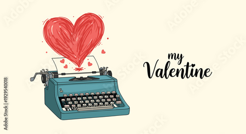 Romantic Valentine's Day illustration of a vintage typewriter creating a large, hand-drawn red heart on a sheet of paper.