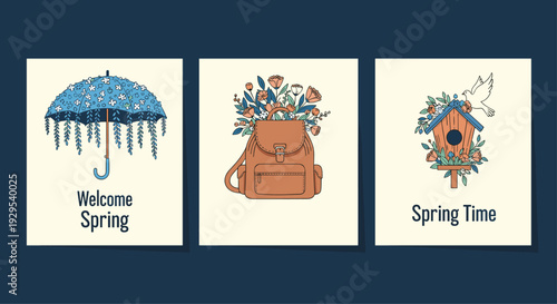 Set of three beautifully illustrated spring-themed greeting cards featuring a floral umbrella, a backpack, and a birdhouse design.
