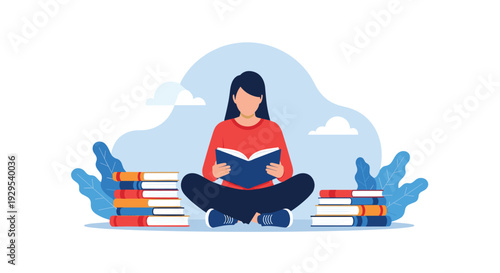 Young woman sitting cross-legged on the floor, deeply absorbed in reading a book, surrounded by stacks of books and plants.