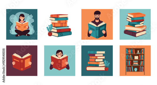 Collection of eight illustrations celebrating the love of reading, featuring diverse people with books, stacks of books, and a bookshelf.