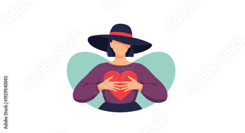 Stylish woman wearing a wide-brimmed hat and a cozy purple sweater, tenderly holding a large red heart to her chest.
