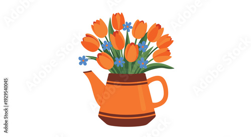 Charming illustration of a vibrant bouquet of orange tulips and blue forget-me-nots arranged inside a cute orange teapot vase.