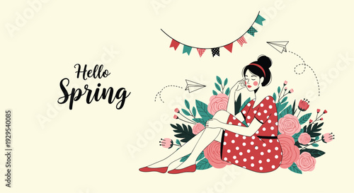 Beautiful 'Hello Spring' banner featuring a stylish woman in a polka dot dress relaxing among large flowers and paper airplanes.